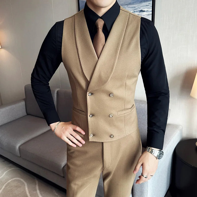 High Quality Men's British Business Suit Vest Men's Brand Clothing Slim-fit Vest Men's Double-breasted Blazer Dress Waistcoat  Amaijoin