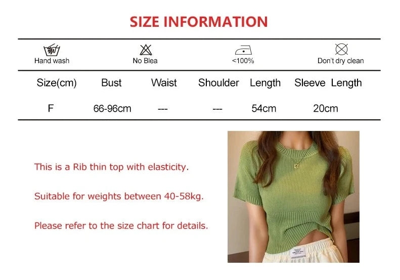 Women Y2K O-Neck Solid Casual T-shirts Slim Knit Short Sleeve Office Pullover Shirts Streetwear Rib Crop Tops Women 2024 Summer  Amaijoin