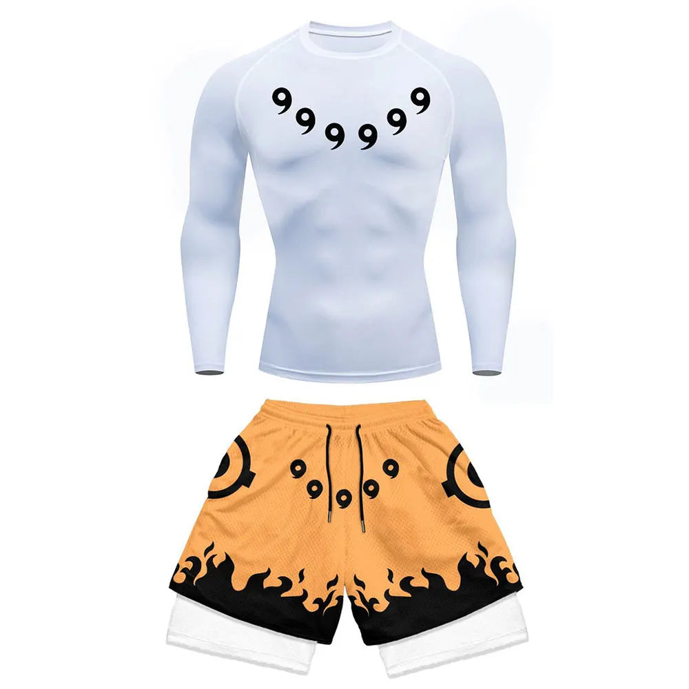 Men's Workout Compression Set Anime Printed Gym Tshirts Breathable Running Shorts Quick Dry Sports Rash Guard Sportwear Set  Amaijoin