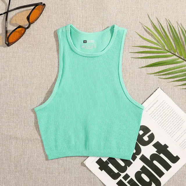 Crop Top Women Solid Basic T-shirts Vest Seamless Streetwear Elastic Rib-Knit Sleeveless Casual Tank Tops Female  Amaijoin