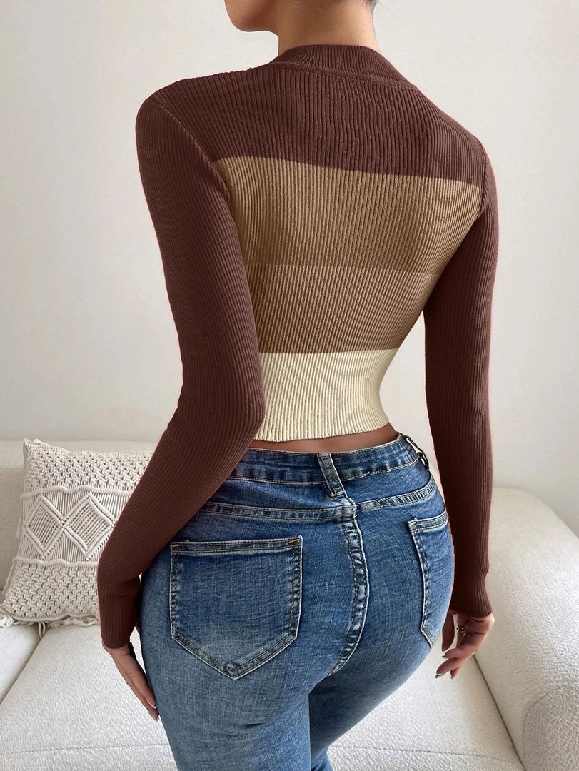 On Sale 2024 Spring Women Crop Colorblock Turtleneck Ribbed Long Sleeve Pull Sweater Femme Knitwear Jumper Outfits Pullovers  Amaijoin