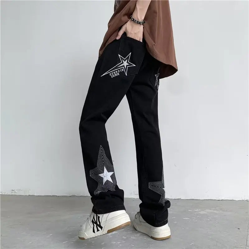 2023 Y2K Fashion Star Embroidery Baggy Jeans Pants Men Clothing Straight Washed Blue Women Luxury Denim Trousers Pantalon Homme  Amaijoin