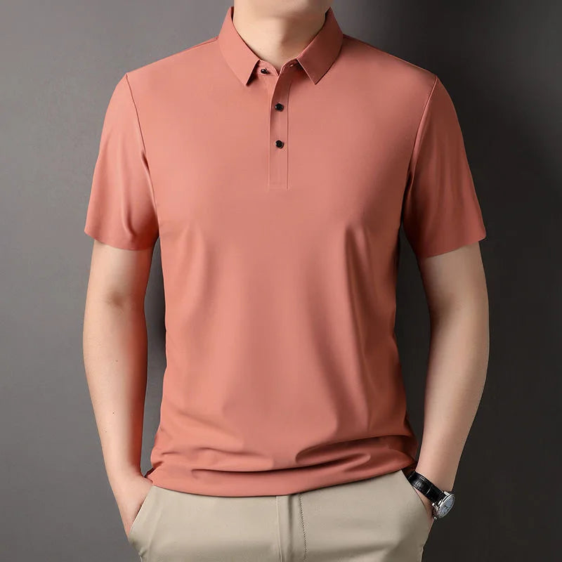 High quality wrinkle resistant ice silk short sleeve t-shirt men's summer Lapel loose casual solid color top high-end polo men  Amaijoin