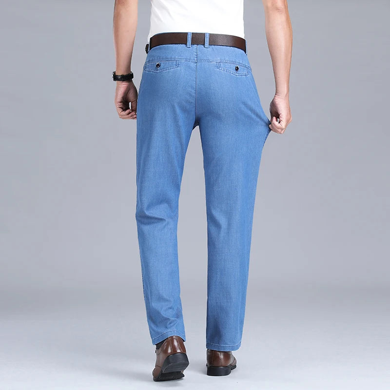 2024 Spring Summer New Men's Thin Light Blue Loose Jeans Business Fashion Lyocell Fabric Stretch Denim Trousers Male Brand Pants  Amaijoin