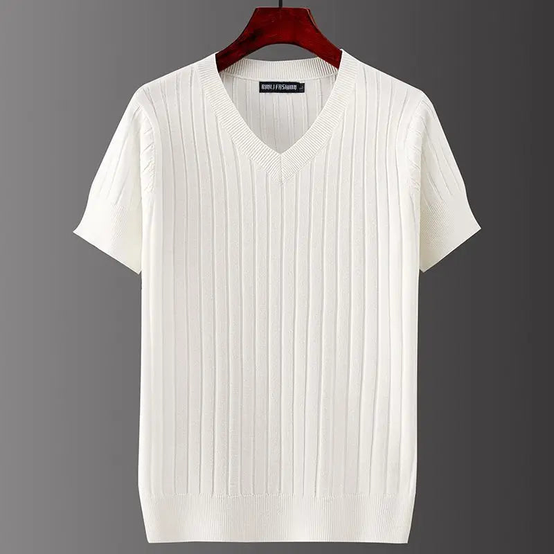 Men's Short Sleeve T-shirts V-neck Casual Knitting Striped Tops All-match Solid Color Pullover Soft Slim Fit Breathable T Shirt  Amaijoin