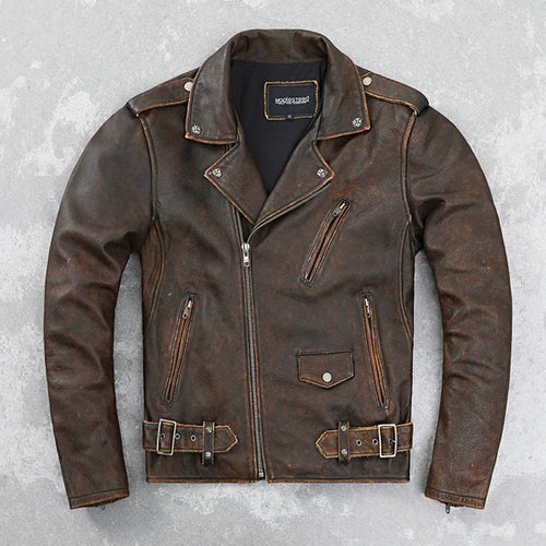 Cowhide Leather Leather Coat Men's Retro Distressed Motorcycle Cycling Clothing Trendy Youth LapeSpring and Autumn Coat  Amaijoin