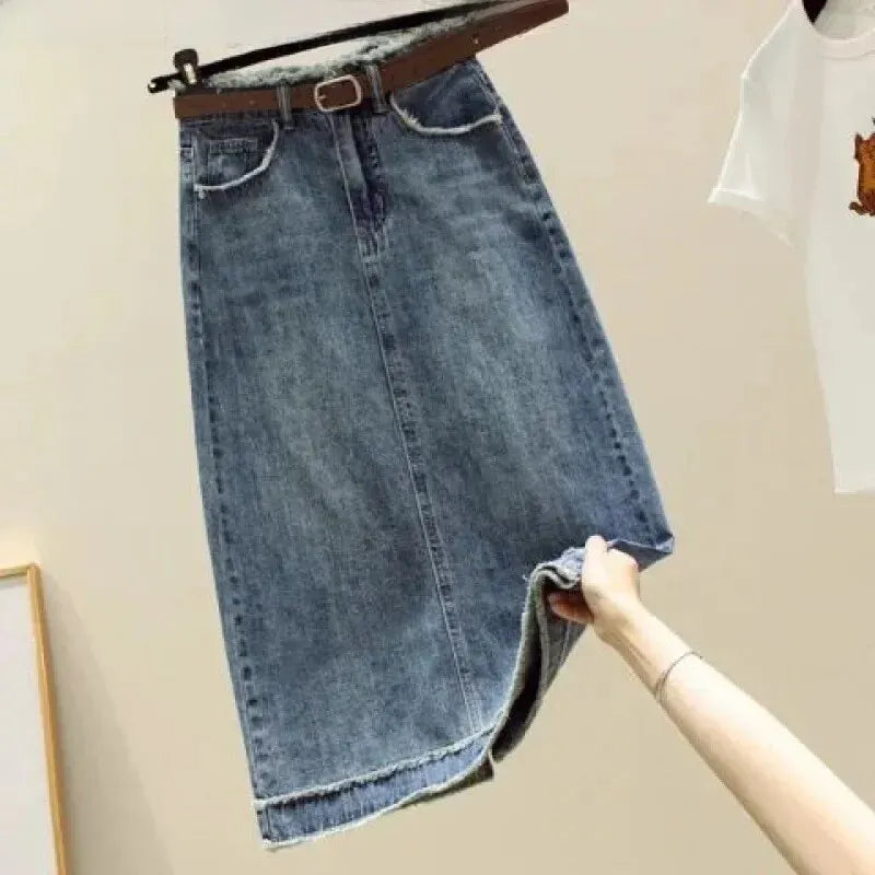 High-waisted Denim A- line Skirt For Women 2024 Spring Summer Slimming Bodycon Skirt Side Slit Petite Size Medium Length  Amaijoin