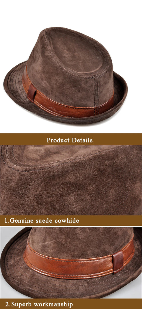 Men Genuine Leather Suede Cow Skin Nubuck Brown Fedoras Hats Women Gentleman Male Jazz Hip Pop Caps 56-60cm Fitted Hat  Amaijoin