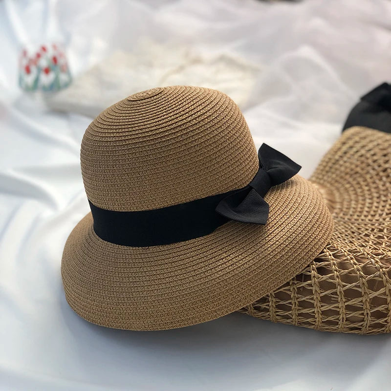 Hepburn bow ribbon sun hat women's straw hat Bucket hat color sunscreen sun hat beach hat wholesale  Amaijoin