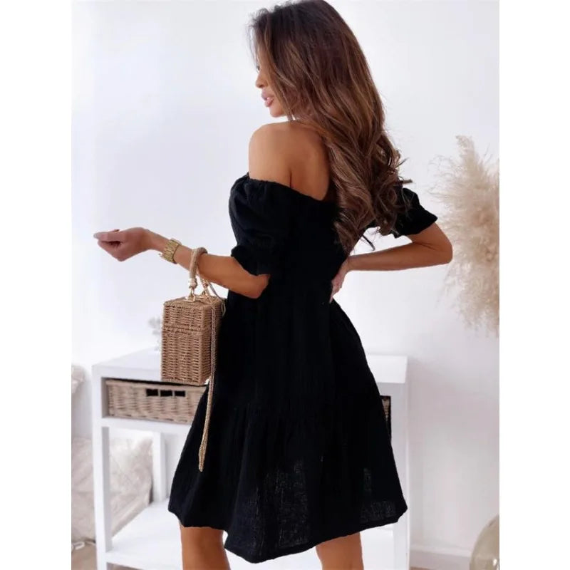 Women's Summer Short Sleeved One Line Neck Commuter Waist Fold Lantern Sleeves Gentle A-line Solid Color Dress  Amaijoin