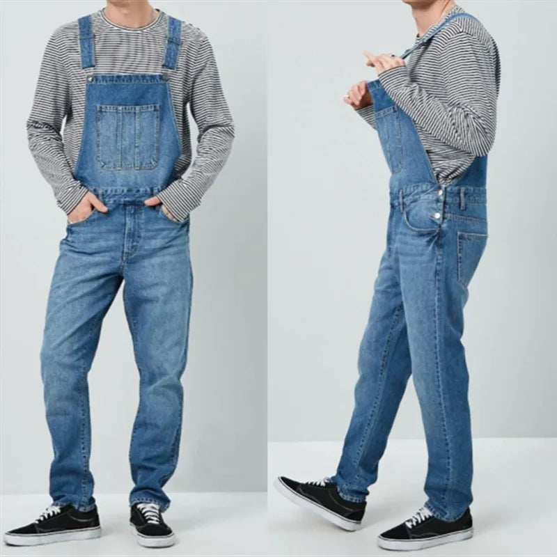 Men Casual Pocket Button Stitching Spaghetti Strap Jeans Autumn Vintage Jeans Jumpsuits Men Washed Straight-Leg Denim Jumpsuits  Amaijoin