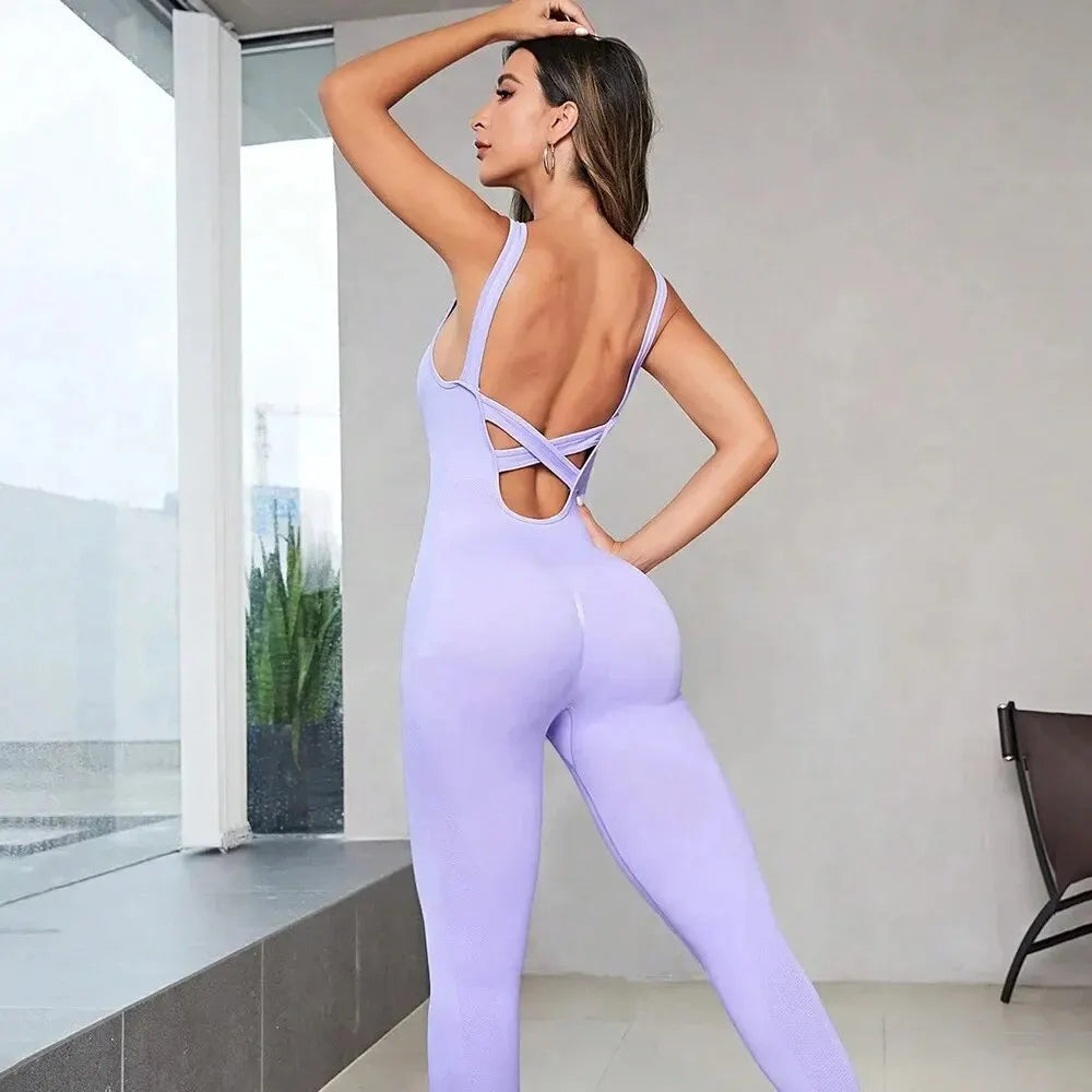 Sexy Cross-back Open-back Yoga Suit Fitness Jumpsuit Women's Dance Sportswear One-piece Active Wear For Exercise Fitness  Amaijoin