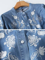 Load image into Gallery viewer, Streetwear 2024 New Floral embroidery shirt for women Denim blouse High quality O-neck Long Puff sleeve tops Autumn INKEO 4T058  Amaijoin
