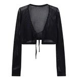 Load image into Gallery viewer, Tie Front Knit Cardigan Y2K Sheer Hollow-Out Long Sleeve Crop Sweater for Women Teen-girl 90s Outfit  Amaijoin
