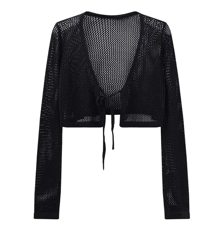 Tie Front Knit Cardigan Y2K Sheer Hollow-Out Long Sleeve Crop Sweater for Women Teen-girl 90s Outfit  Amaijoin