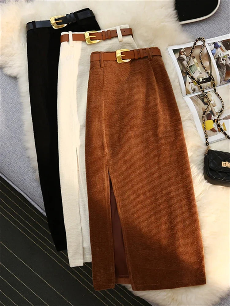 Autumn Winter Corduroy Women's Skirts with Belted 2023 New High Waist Straight Classic Front Split Skirts Ladies Female  Amaijoin