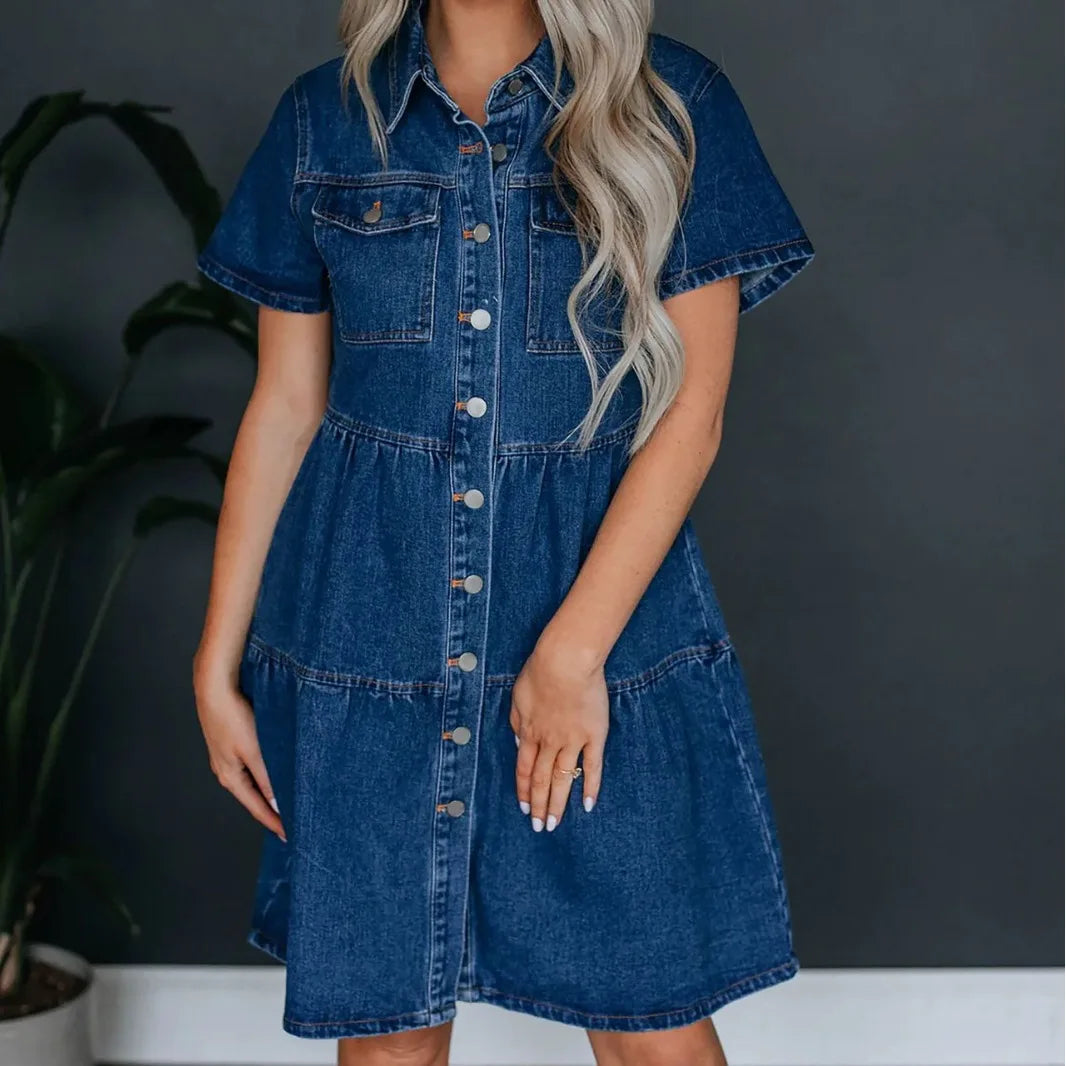 2024 Spring Summer New Women's Clothing Solid Color Short Sleeve Lapel Casual Denim Dress High Waist Dress  Amaijoin