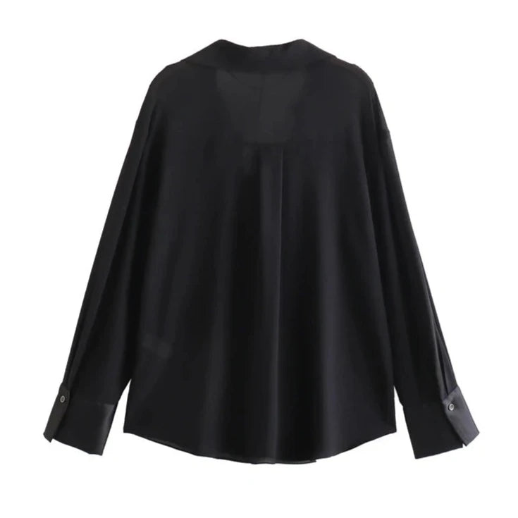 XNWMNZ 2024 Women's Fashion Black Satin Crepe Shirt Women Lapel Long Sleeve Pocket Office Lady Chic Female Top  Amaijoin