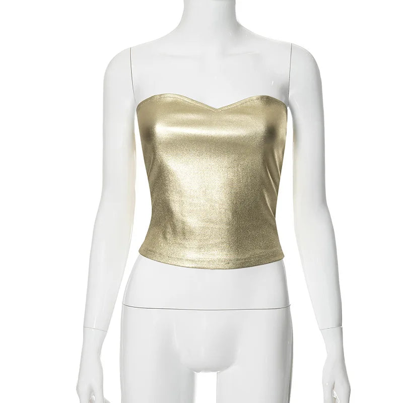 Gtpdpllt Y2k Streetwear Metallic Tube Tank Top Strapless Gold Silver Black Vintage Sexy Crop Tops Women Clubbing Outfits  Amaijoin