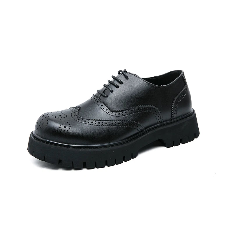 Brogue Round Head Leather Brand Luxury Men Casual Driving Designer Black Thick Soled Lace Up Oxford Shoes Wedding Dress Shoes  Amaijoin