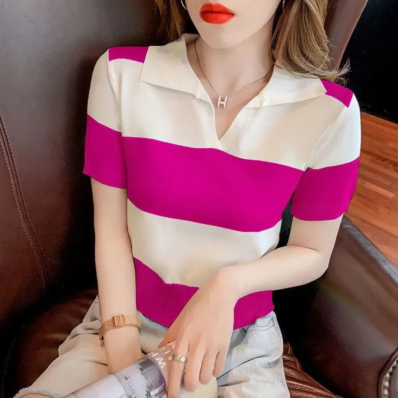 Clothing T-shirt Woman Tops Red Knit Polo Neck Shirts for Women Green Striped Short Sleeve Tee V Cute Youth High Quality Cotton  Amaijoin