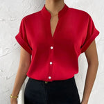 Load image into Gallery viewer, Summer Minimalist Women&#39;s V-neck Shirt 2023 Elegant Women&#39;s Satin Red Short Sleeved Single Breasted Casual Fitting Office Shirt  Amaijoin
