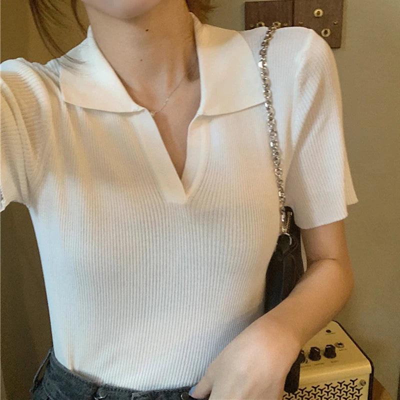 HELIAR Women Knitted Polo Shirts Summer V-Neck Short Sleeves Solid Casual Crop Tops For Women Slim Y2K Sexy Tops Spring  Amaijoin