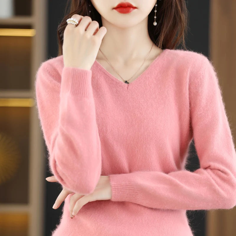 Women's Flat V-neck Mink Cashmere Sweater New Autumn/winter 2023 Knitted Loose Pullover Commuter Basic Knit Top  Amaijoin