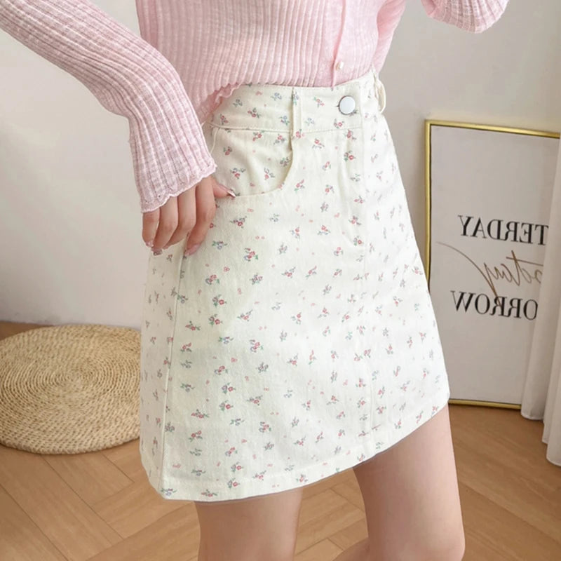 Korean Fashion Women's Casual Floral Pirnted High Waist Jeans Skirt Summer Beach Sexy Mini Denim Skirts Pink Khaki White Saias  Amaijoin