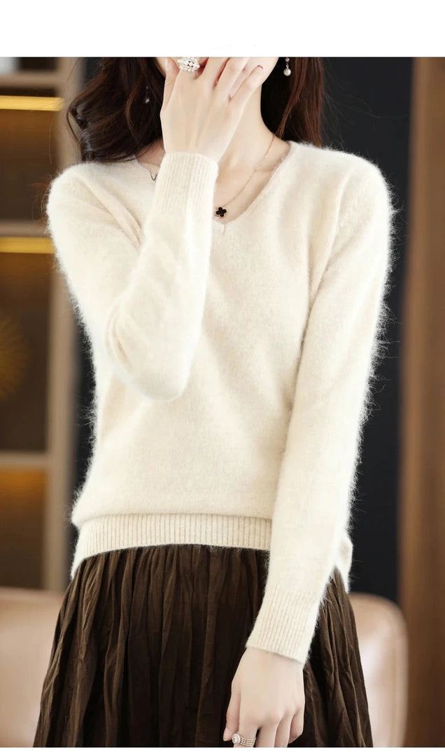 Women's Flat V-neck Mink Cashmere Sweater New Autumn/winter 2023 Knitted Loose Pullover Commuter Basic Knit Top  Amaijoin