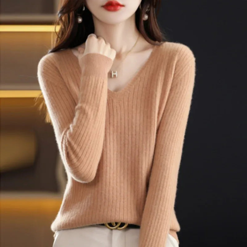 Women Sweater Long Sleeve Top Knitted Pullover V-Neck Fashion Sweater Woman Winter 2022 Basic Female Clothing Soild OL Sweaters  Amaijoin