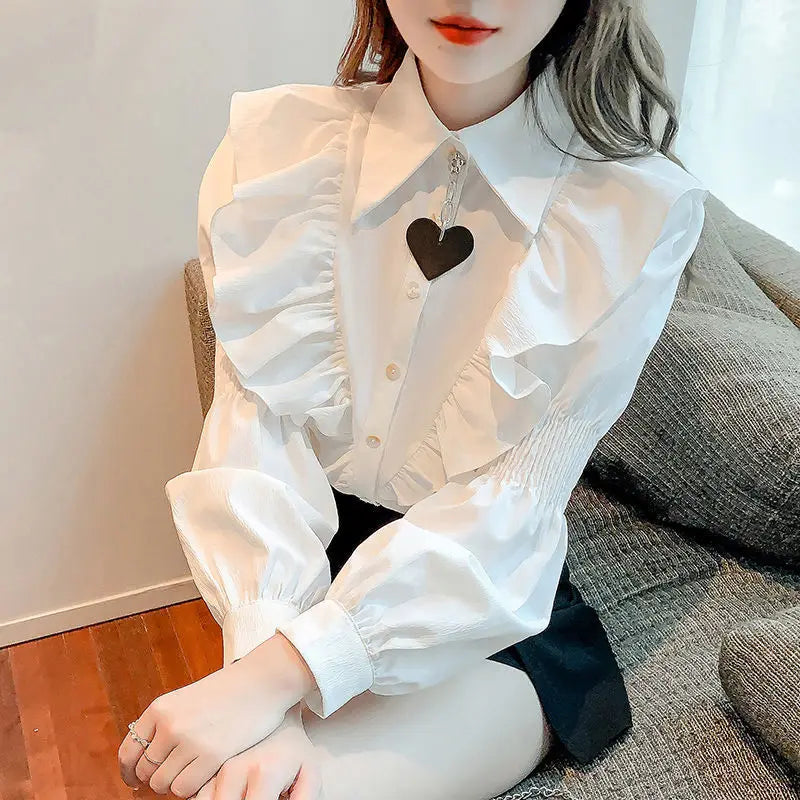 Elegant Lantern Sleeve Chiffon Blouses Women Cotton Chic Long Sleeve Shirts Casual Loose Office Wear Ruffled Shirt Buttons V143  Amaijoin