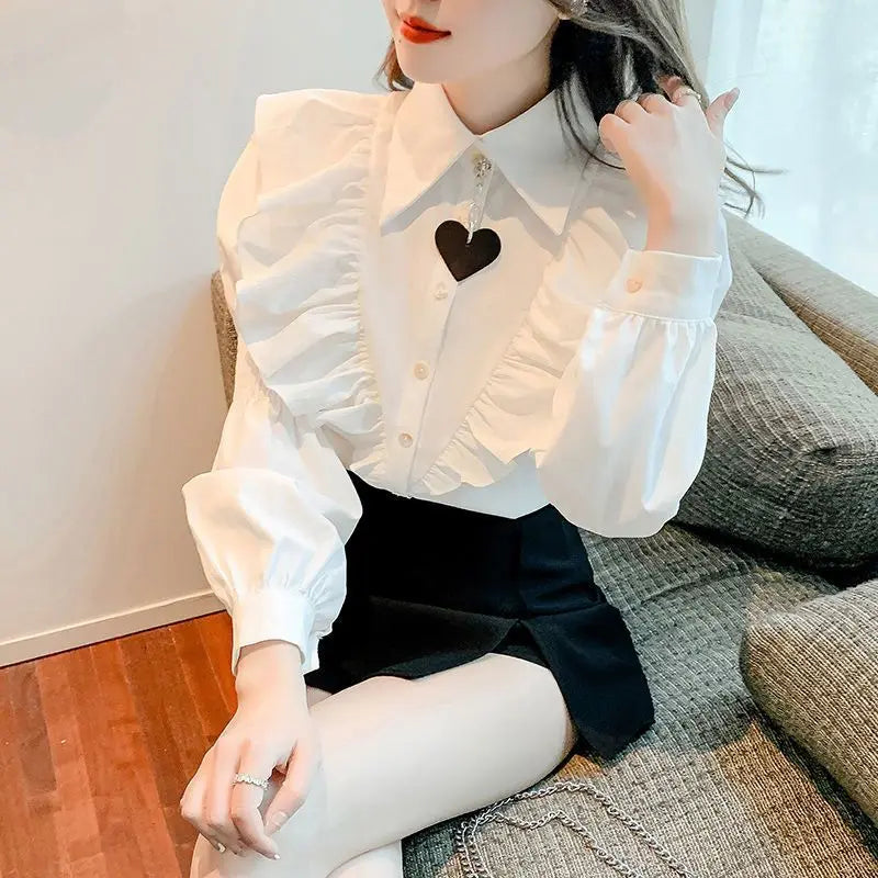 Elegant Lantern Sleeve Chiffon Blouses Women Cotton Chic Long Sleeve Shirts Casual Loose Office Wear Ruffled Shirt Buttons V143  Amaijoin