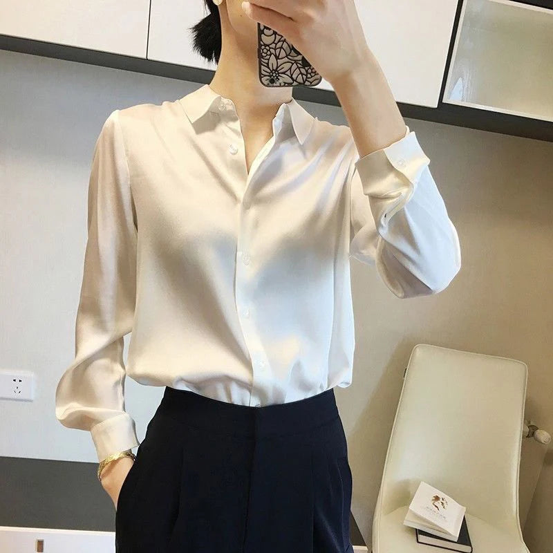 All-match Satin Finish Shirts And Blouses Women Clothing Casual Top OL Long Sleeve Button Elegant Shirts French Solid Blouses  Amaijoin