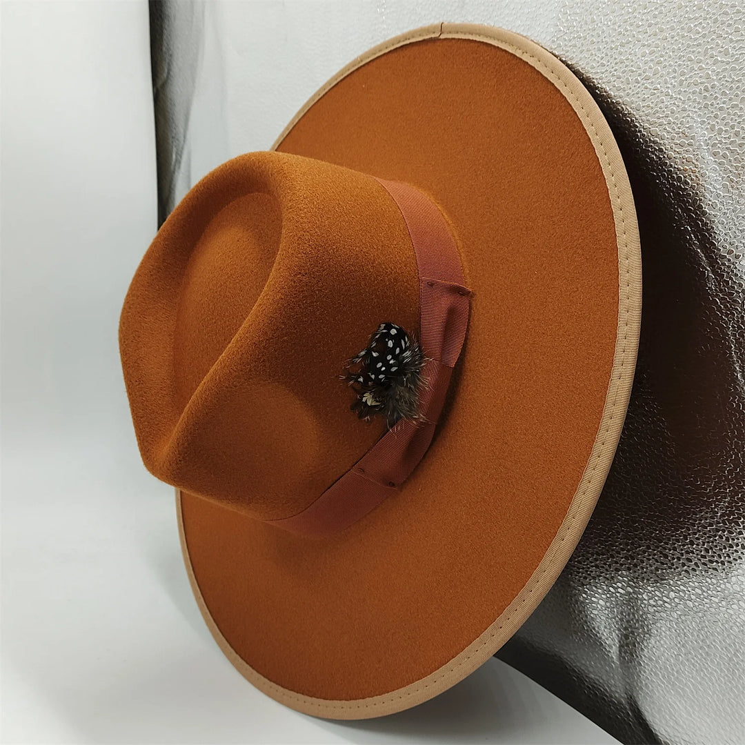 Hand-painted Fedora Hat Men's and Women's Hat Panama Spring Autumn Fashion with Wrapped Feather Wool Fedora Hat Big Brim  Amaijoin