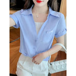 Load image into Gallery viewer, Polo Shirts for Women 2024 Fashionable French V-neck Fake Two White Shirts Summer Design Korean Loose Short Sleeved Shirt Top  Amaijoin
