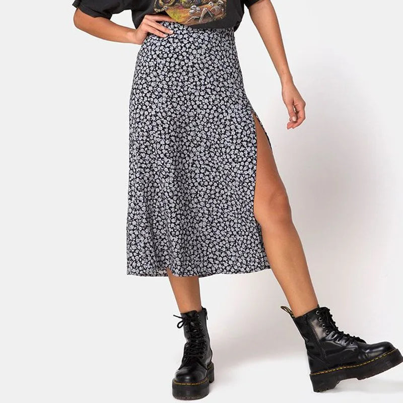 Jocoo Jolee Elegant Leopard Floral Printing Long Skirt Women Sexy High Waist Split Midi Skirts Office Lady Bodycon A Line Skirts  Amaijoin