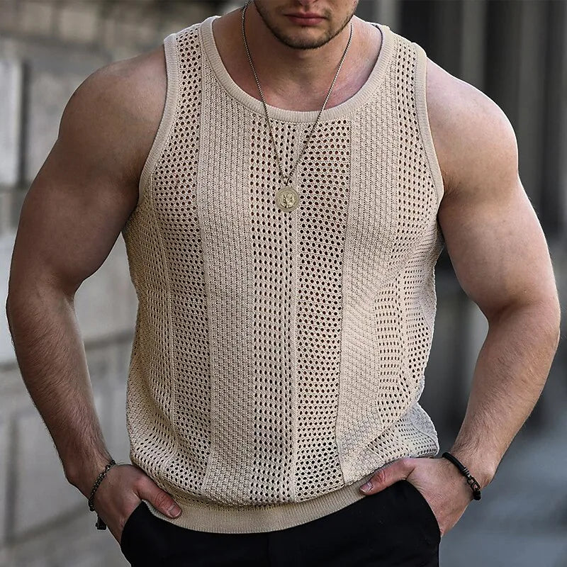 Summer New Men's Sleeveless T-shirt Sleeveless Slim Knit Vest Men's Tank Top Sexy Hollow Through Men's Vest FugeesTee Sportswear  Amaijoin