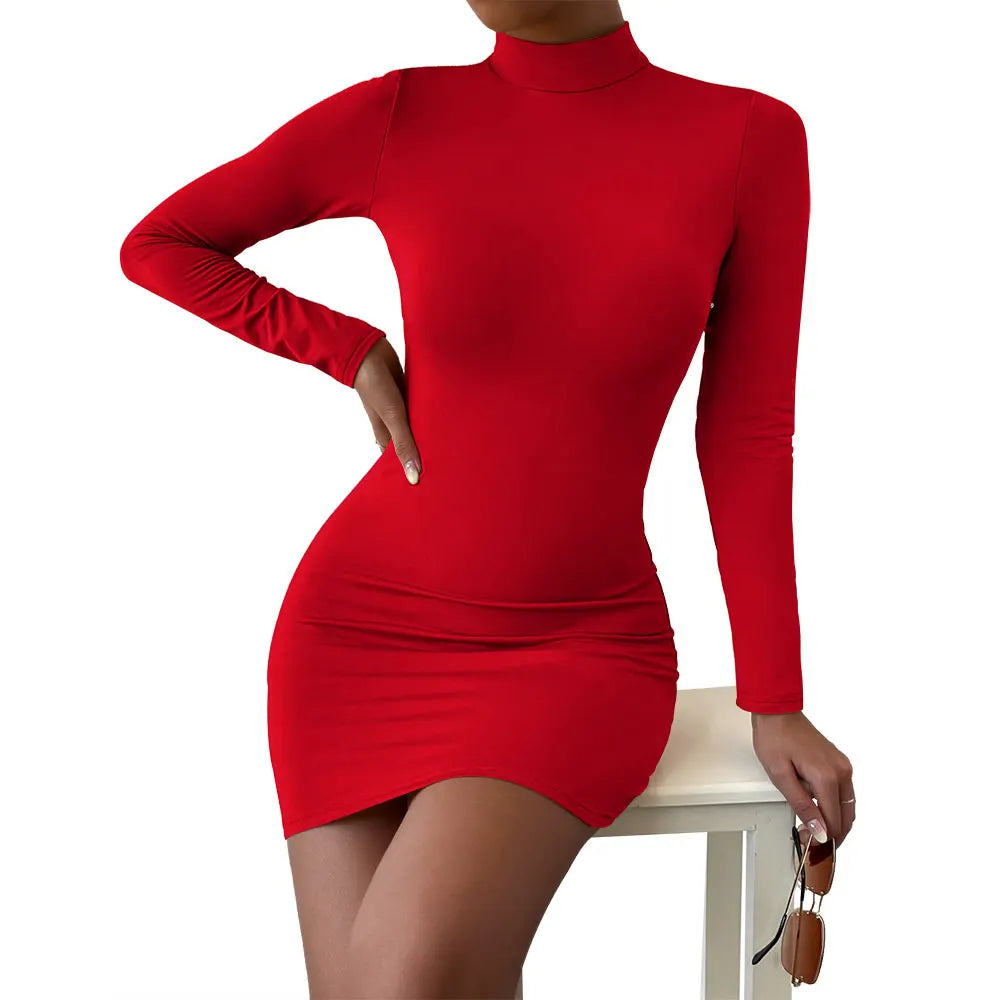 New Arrival Turtleneck Long Sleeve Skinny Mini Dress Sexy Skirt Dresses Women Elegant Chest Slim Pleated Dress  Amaijoin