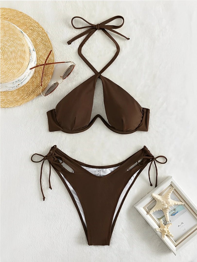 2024 Cut-out Push Up Bikini Solid Swimsuit Women Halter Swimwear Female Bathers Bathing Swimming Swim Suit Beachwear  Amaijoin