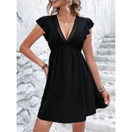 Load image into Gallery viewer, 2024 Summer Elegant Women Dress V Neck Hollow Out Lace Dresses Ruffled Sleeveless Black A-line Mid Length Sexy Black Dress  Amaijoin
