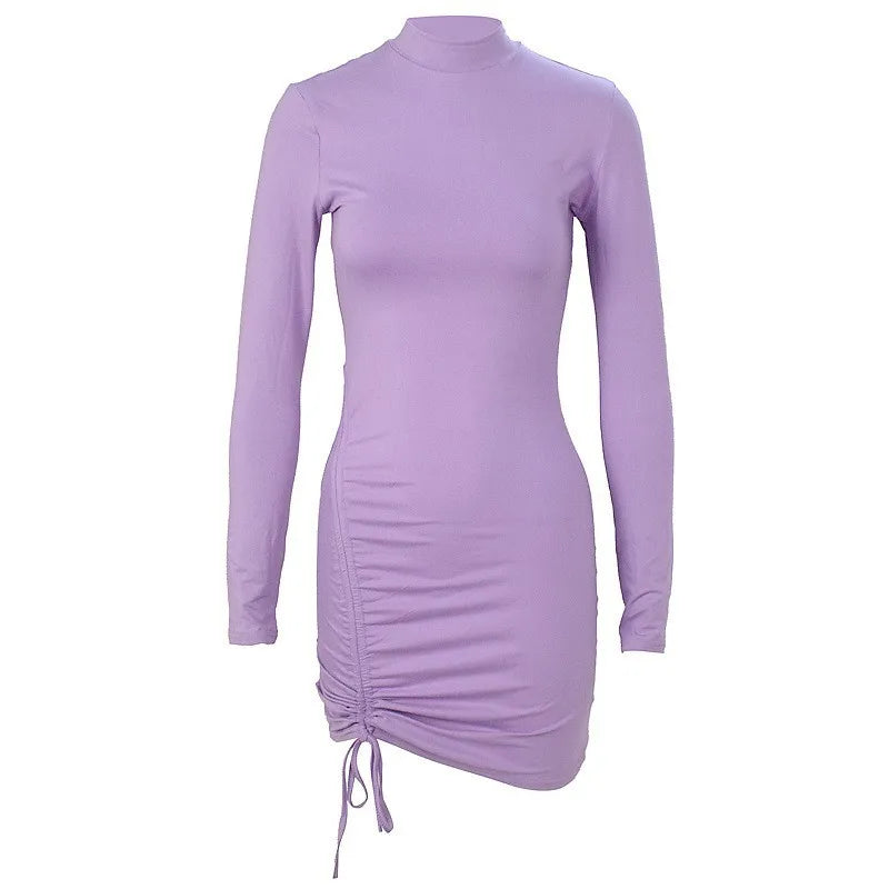 Elegant Lace Up Dress Solid Pleated Slim Fit Party Bodycon Female Sexy Mini Dresses Purple Black Vestidos  Amaijoin