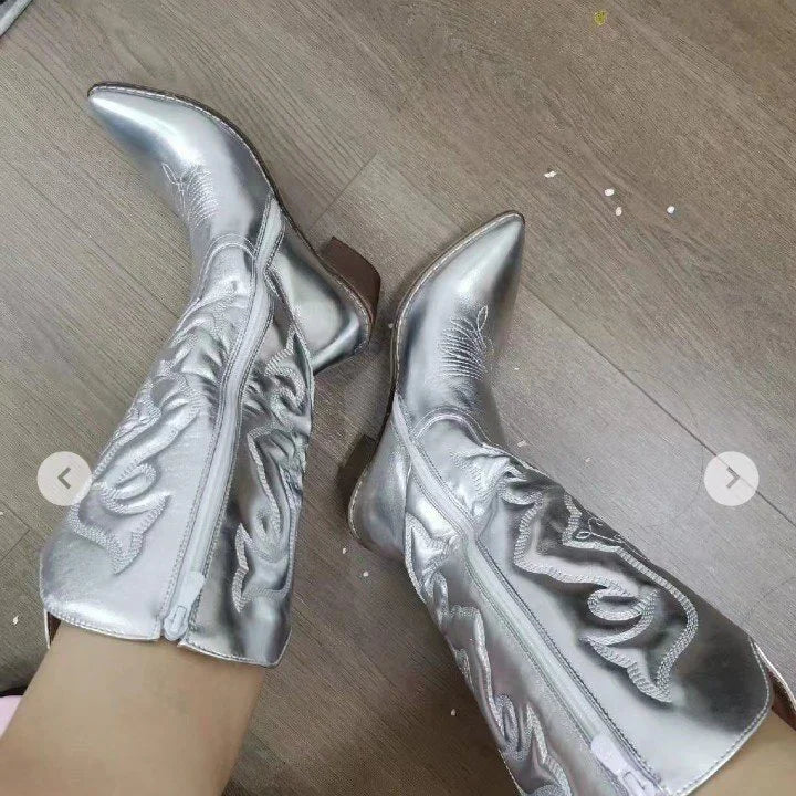 Gold Mid-calf Boots Woman Side Zipper Silver Pointed Western Cowboy Boots Retro Fashion Black Boots Plus Size 36-43 Women Boots  Amaijoin