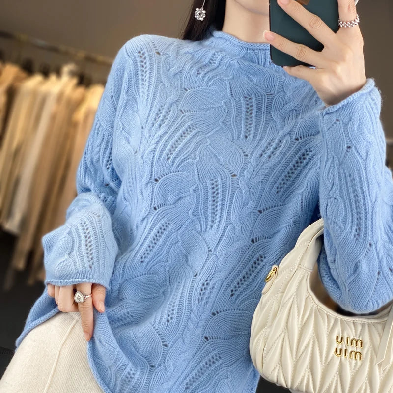 100% Australian Wool Sweater Solid Color Knitted Hollow Half High Collar Women's Pullover Sweater Slim Fit Exquisite Thin Style  Amaijoin