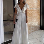 Load image into Gallery viewer, Elegant Pleated Jumpsuits &amp; Rompers Women Deep V Neck Ruffles High Waisted Floor Length Luxury Birthday Party Dinner Outfits New  Amaijoin
