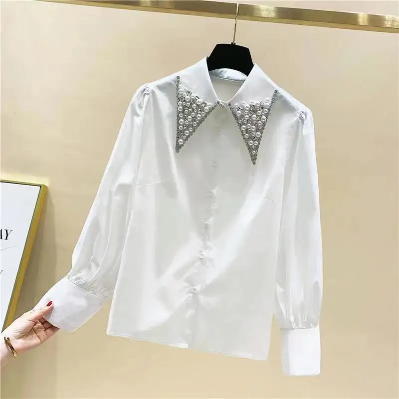 Polo Shirts for Women in Spring 2024 Korean Fashion Long Sleeved Shirts with Studded Elegant Commuter Tops Blouse Women  Amaijoin