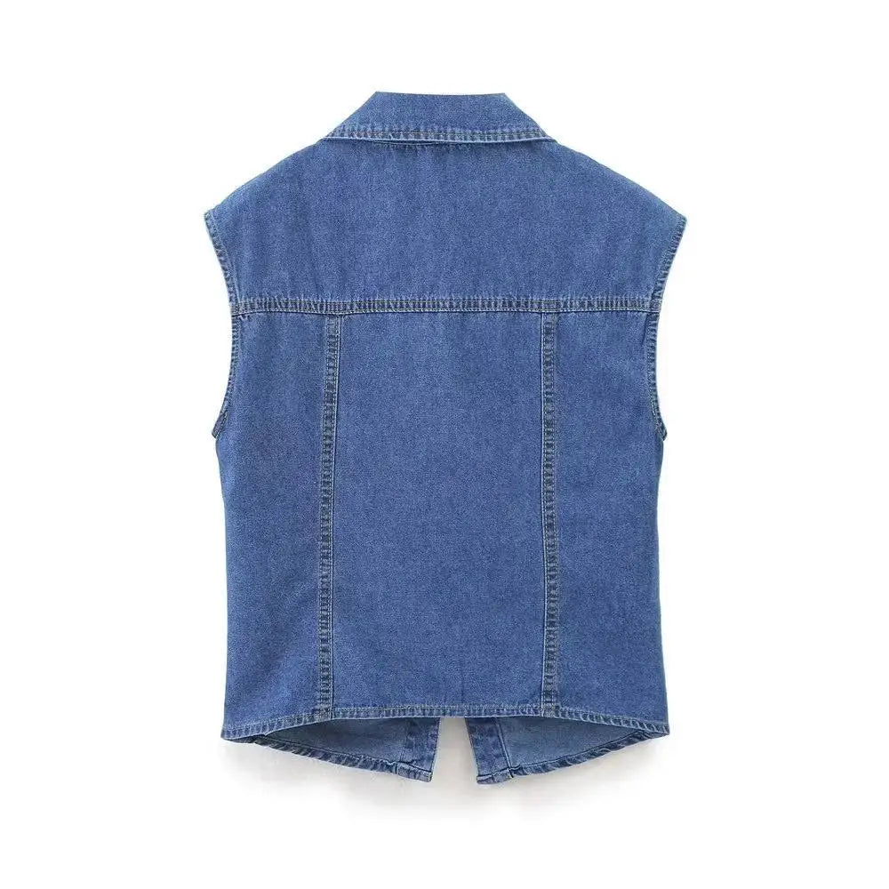 Summer Blue Denim Folds Shirts Women Sleeveless Fashion Single Breasted Tops Blouses  Amaijoin