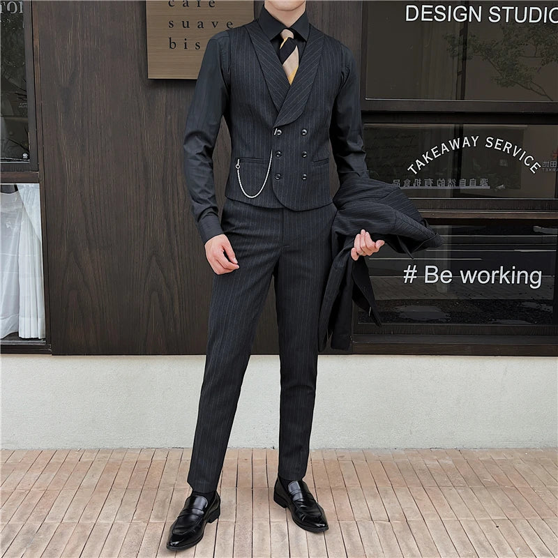 4XL-M Brand Clothing Men's Spring High Quality Business Suit Vest/Male Slim Fit Stripe Double-breasted Blazers Vest Men's Dress  Amaijoin