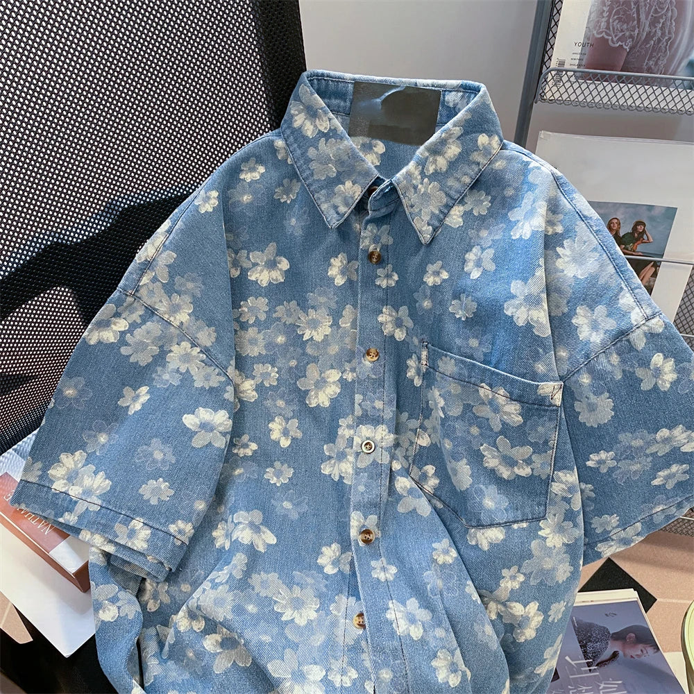 American Retro Floral Print Denim Men Women Shirt Summer Oversize Turn Down Collar Short Sleeved Loose Blouse Tops  Amaijoin