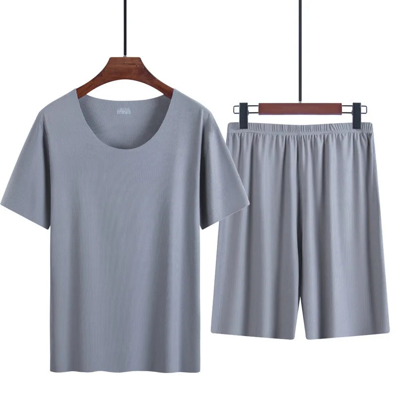 Men's Two-Piece Ice Silk Pajamas Men's Summer Thin Modal Short-Sleeved Pajamas Homewear Men's Large Size Pajamas Homewear Set  Amaijoin